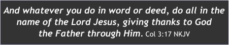 And whatever you do in word or deed, do all in thename of the Lord Jesus, giving thanks to Godthe Father through Him. Col 3:17 NKJV